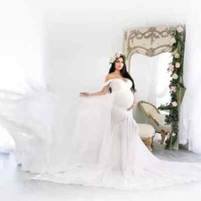 White Maternity Dress Photo Shoot Off Shoulder Gown for Photography Maxi M-L-XL