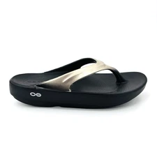 Womens 7 38 OOFOS OOlala Sandal Black Latte Metallic Thong Sandals Flip Flops