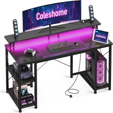 Gaming Desk with LED Lights, 120x50 cm Computer desk with Power Outlets, Gaming
