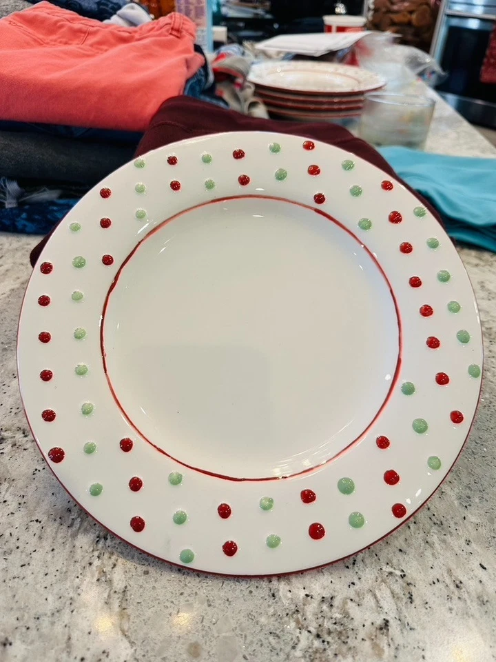 Oneida 假日报餐盘红色绿色圆点圣诞陶器 — 第 4/4 张图片