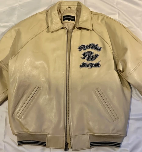 RARE Vintage Y2K Rocawear "Lion Head" Leather Varsity Jacket Beige Black Sz XL image 2