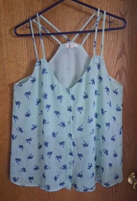 Mine Too Plus Size Blue Partially Sheer Palm Trees Racerback Tank Top 1XL