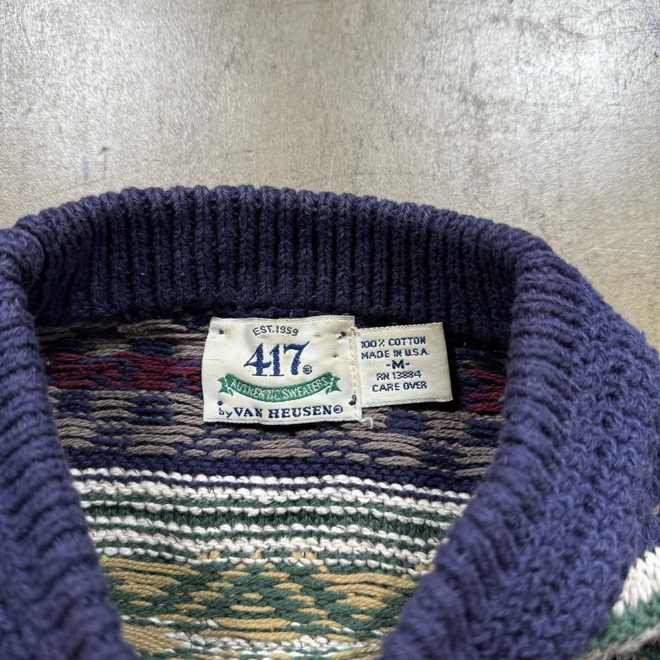 Van Heusen Sweater Chunky Cable Knit Mens Size Medium Geometric 90s USA MADE - Image 4 of 4