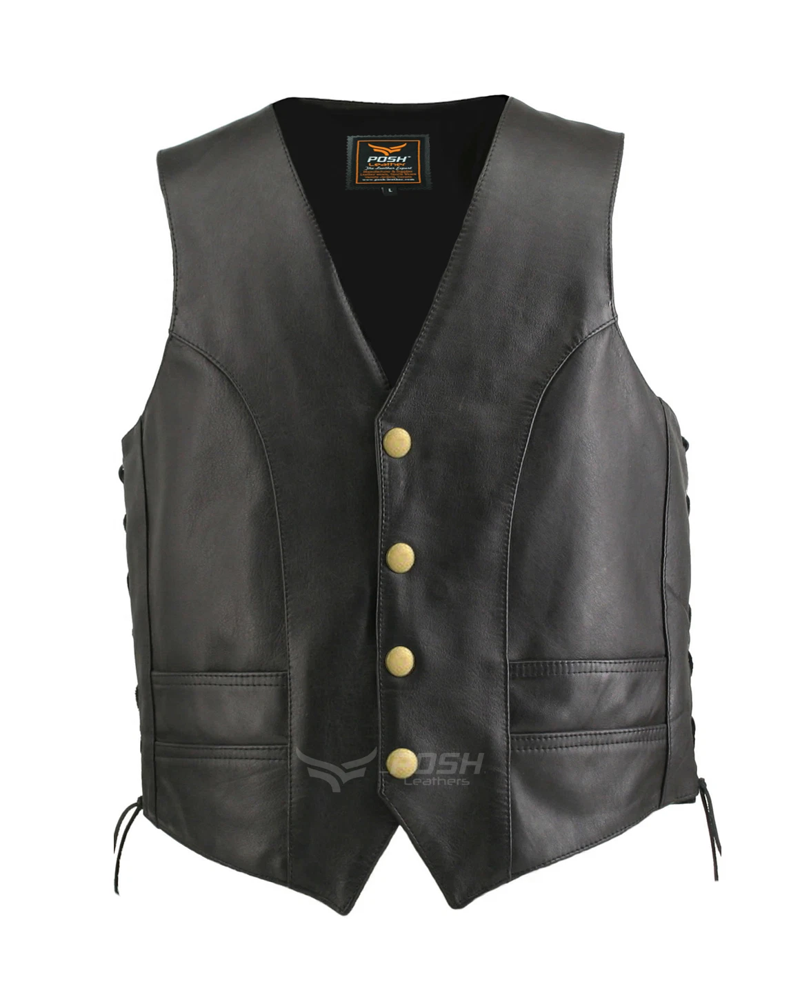 Men’s Black Genuine Leather Motorcycle Vest Classic Biker Waistcoat Snap Front