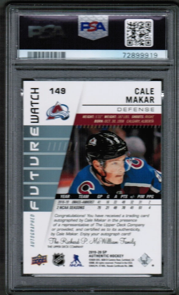 2019-20 UD SP Authentic #149 Cale Makar Future Watch Rookie PSA 9 Mint - Image 2 of 4