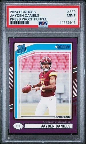 2024 Panini Donruss #389 JAYDEN DANIELS RC Press Proof Purple Mint PSA 9