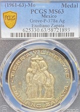 1961-63 Emiliano Zapata Silver Medal - Grove-P-378a - PCGS MS 63 - Scarce