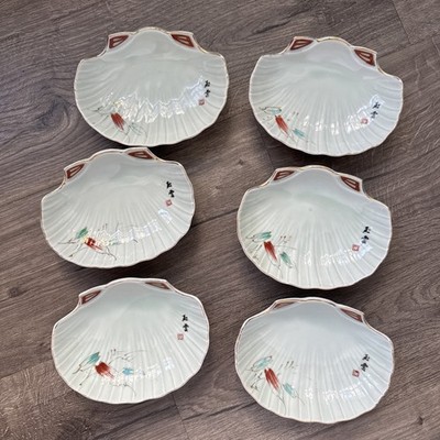 Japanese Celadon Hand Painted Shell Shaped Dishes Seto-ware Kutani Set of 6