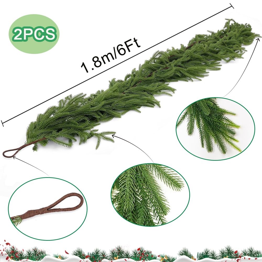 2 Pcs 6 Ft Artificial Norfolk Pine Garlands Real Touch Winter Greenery Garlan...