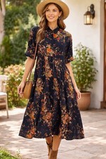 Natural Life Floral Midi Dress L Black Boho Tiered Button Front