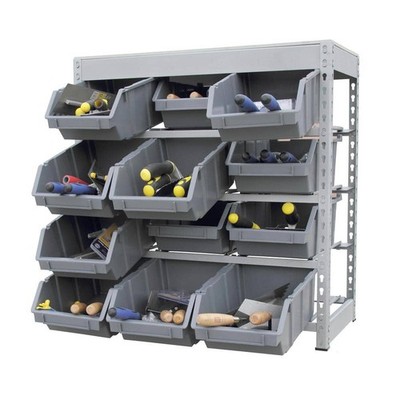 KING'S RACK Gray 4-Tier Boltless Bin Storage Shelving System w/ 12 Plastic Bins