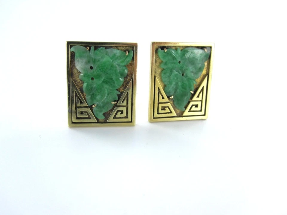 GEMELOS JADE ORO AMARILLO 14KT VINTAGE JAPONÉS ORIENTAL JADEÍTA CHINA RETRO Foto 3 de 4