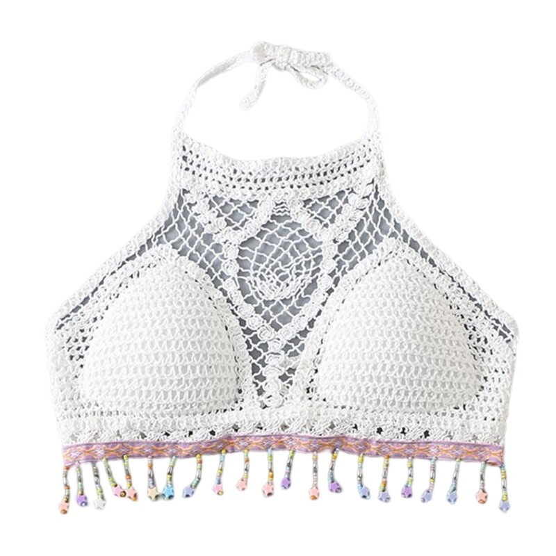 Crochet Halter Crop Top Women HollowOut Knit Bikinis Beaded Cami Vest