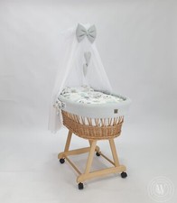 Stubenwagen Moseskorb LENA natürlich Matratze Baldachin und Bettwäsche Grau-Igel