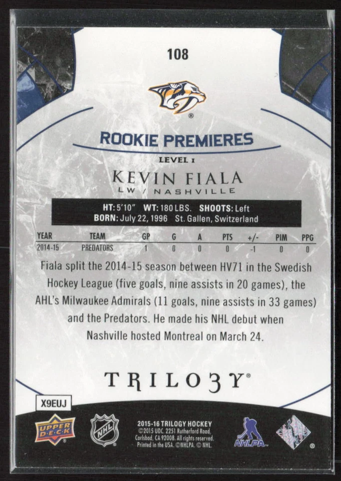 2015-16 Upper Deck Trilogy #108 Kevin Fiala Blue Rainbow Foil /399 RC - Image 2 of 2