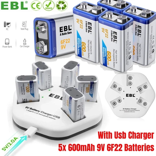 EBL 5x 6F22 9V Lithium ion Rechargeable Batteries 600mAh  w/ 9V Battery Charger