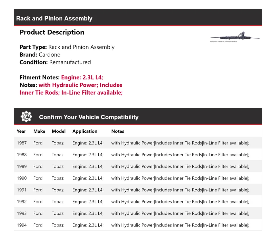 Para Ford Topacio 1987-1994 2,3 L L4 montaje de cremallera y piñón Cardone 1988 1989 1990 Foto 2 de 4