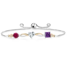 925 Silver and 10K Yellow Gold Created Ruby Aquamarine Amethyst and Lab Grown