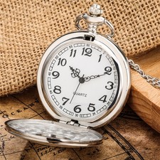 Classic Silver Half Hunter Quartz Pocket Watch with Necklace Chain Wedding Gifts