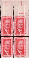US Scott # 1269, Herbert Hoover, Plate Block of (4) 1965 5¢ Stamps, MNH