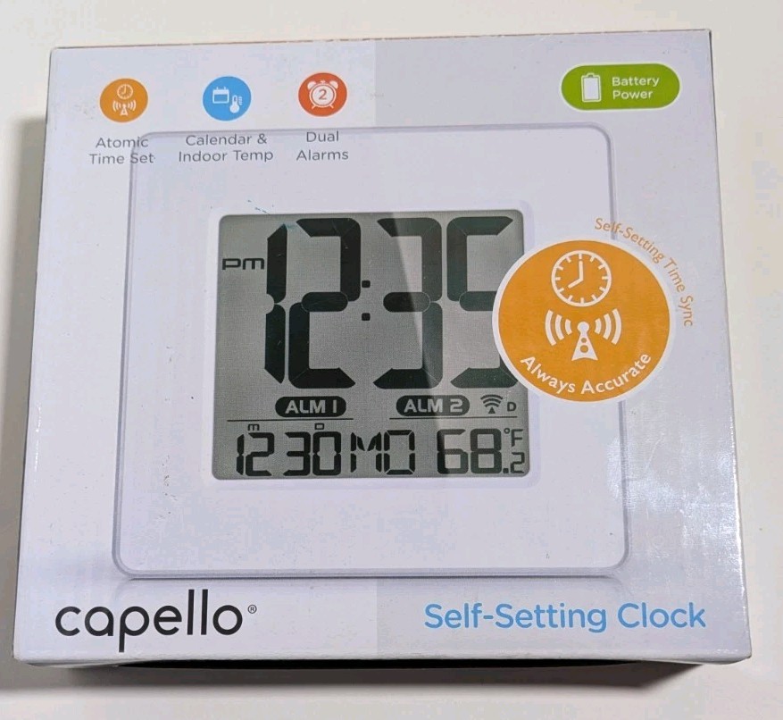 Capello Self-Setting Atomic Clock Calendar Indoor Temperature Alarms