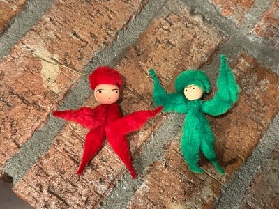 2 Vintage MCM Chenille Pipe Cleaner Pixie Elf Elves Ornaments Wood Head 1950s