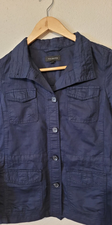 Talbots Utility Style Linen Blend Jacket Womens Small Navy Blue Shirt Tie Back - Image 3 of 4