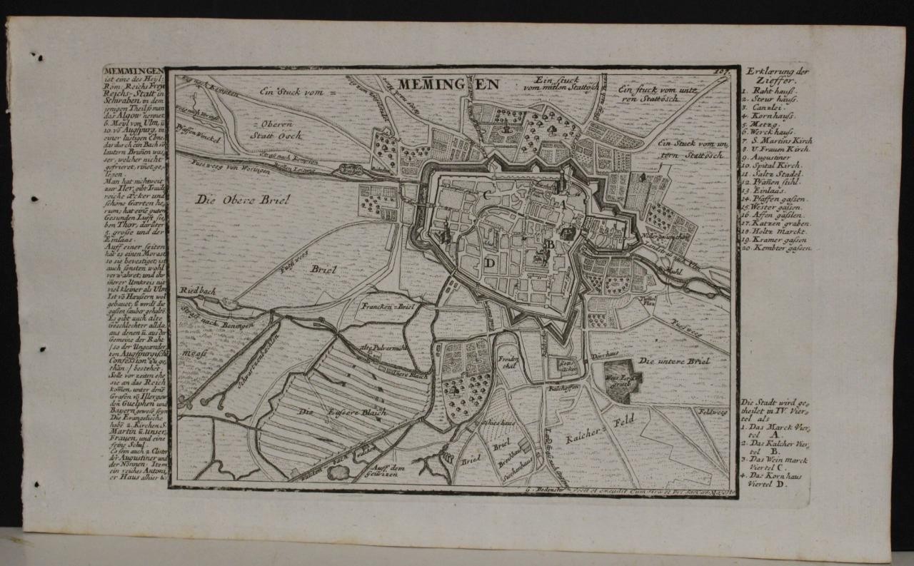 MANNINGEN GERMANY 1720 BODENEHR UNUSUAL ANTIQUE ORIGINAL COPPER ENGRAVED CITYMAP