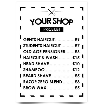 Friseursalon personalisiertes Preislistenschild Werbung Preise Fensteraufkleber A5-A1
