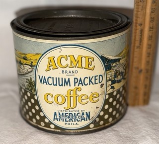 ANTIQUE ACME COFFEE TIN LITHO 1# PRY LID CAN AMERICAN STORE PHILADELPHIA GROCERY
