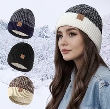 2 Unisex Two-Tone Winter Beanie Faux Fur Lined Warm Knitted Hat.black Blackwhite