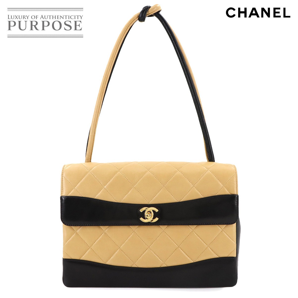 CHANEL Vintage Matelass Leather One Shoulder Bag Beige Black Gold Hardware Bico