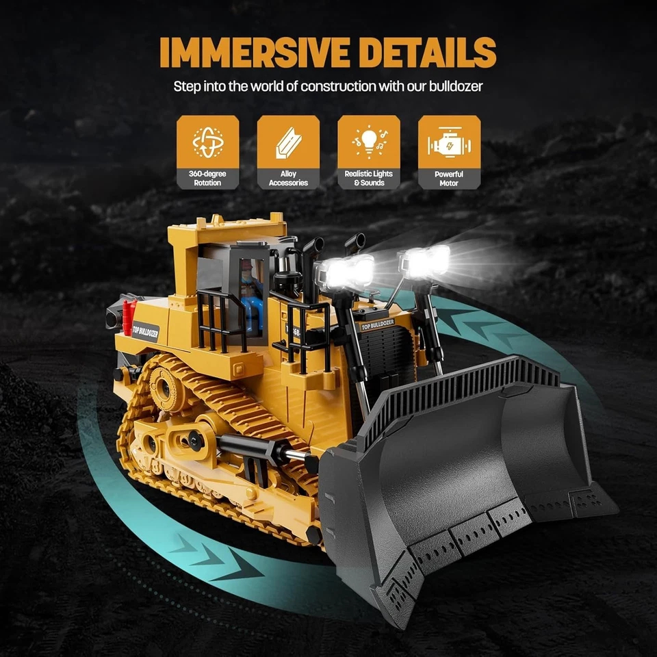 9-Channel Metal RC Bulldozer - Realistic Remote Control Kids Construction Play T - Image 4 of 4