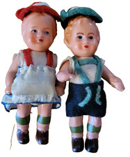 VTG E Dittman German Set Of Boy and Girl 3" Dolls Jointed Celluloid Good Cond.