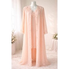 Vintage Shadowline Peignoir Set  Pink Nylon Robe  Nightgown Lace Trim Size S