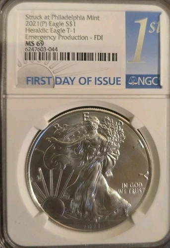 1 Oz Silver Eagle 2021 (P) Silver Eagle Emergency Production (T-1) NGC MS69 FDI