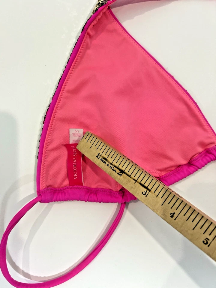 Vintage Y2K Victorias Secret Triangle Bikini Top Fuchsia Pink Sequin Leopard - L - Image 4 of 4