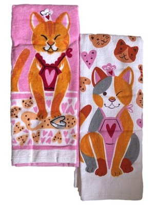 Valentines Day Kitty Cats & Hearts Kitchen Towels, Set of 2 Pink Dish Towels