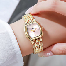 Fashion Tonneau Pink Dial Women Quartz Watch Golden Bracelet Strap Ladies Dress