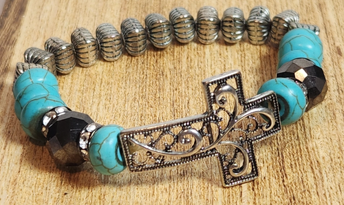 Pulsera elástica boho imitación turquesa y plata con cruz celta - Imagen 3 de 5