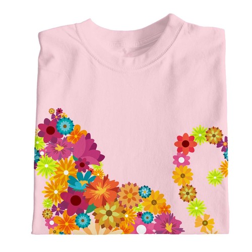 1Tee Kids Girls Cat Silhouette Floral T-Shirt - Picture 4 of 30