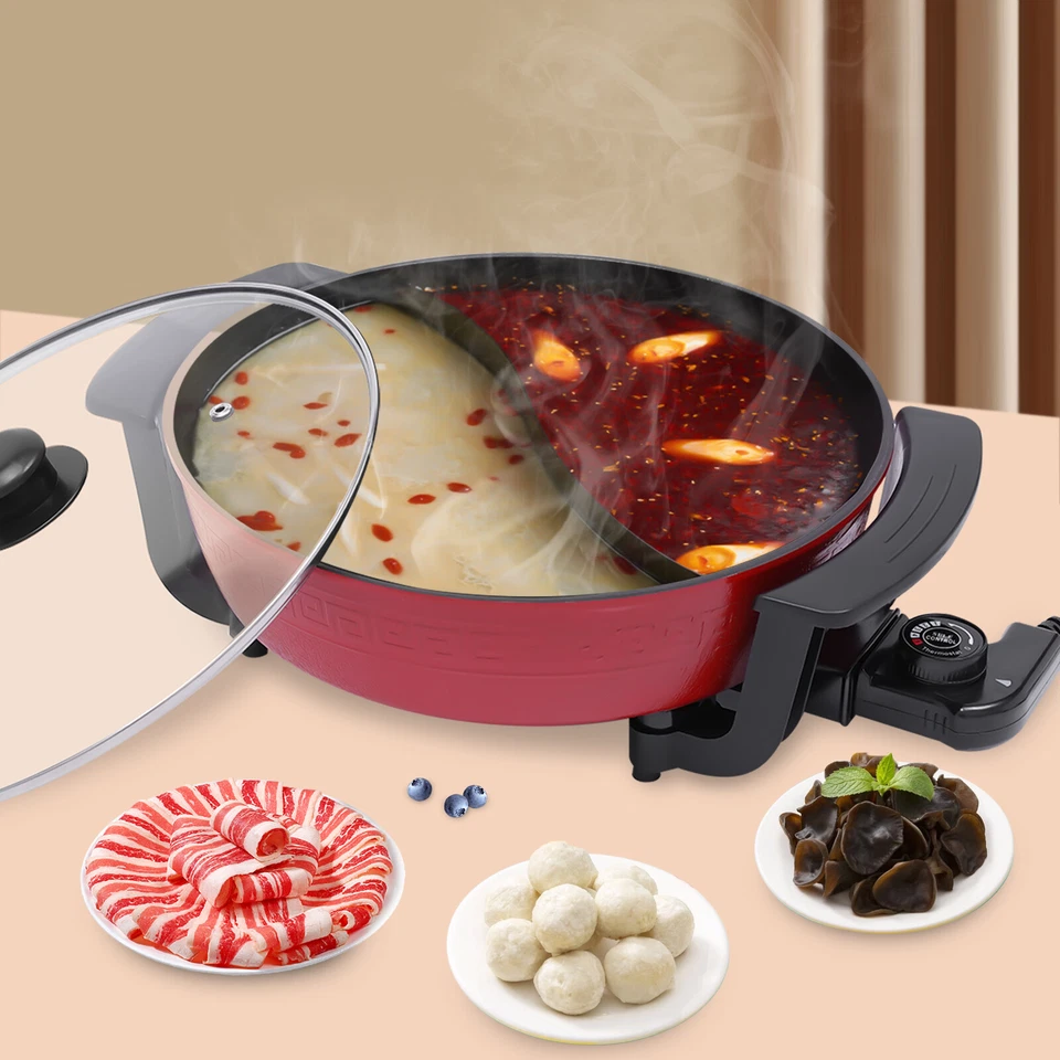 Elektrische Antihaft Hot Pot Topf 1300W Mit 2 Kammern Shabu Shabu Ø30cm+Deckel - Bild 3 von 4