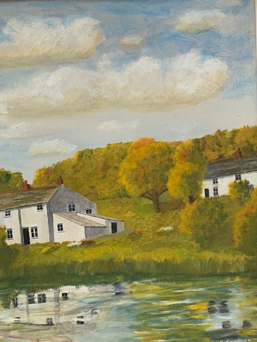 VINTAGE LANDSCAPE OIL PAINTING HOUSE BY RIVER FIELDS CORNWALL SIGNED R CHARLES - Picture 19 of 24