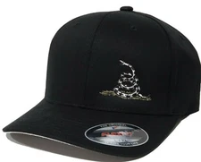 Subdued Colors Gadsden Flag Snake Embroidered FLEXFIT Black Cap Hat, 2A 5001