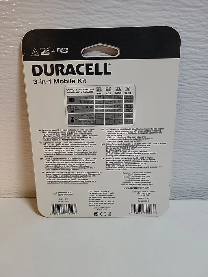Duracell MicroSD Universal Pack 8GB MicroCard + USB + SD Adapter New Sealed - Image 2 of 2
