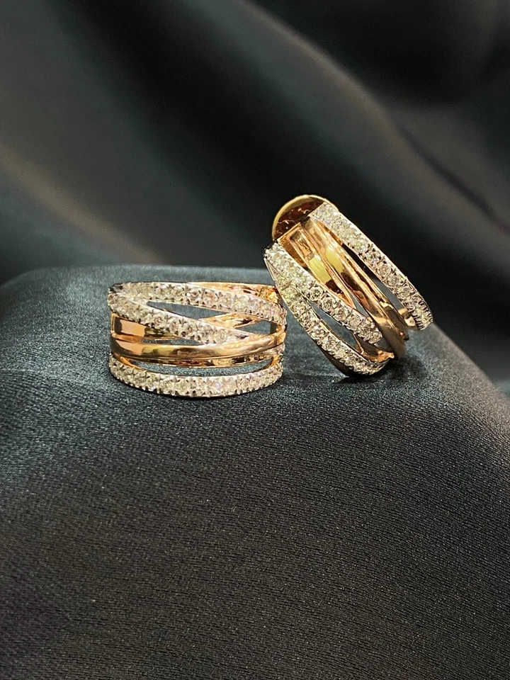 Pave 1,20 Cts Runder Brillantschliff Diamanten Semi Creolen Ohrringe In 14K Gold - Bild 4 von 4