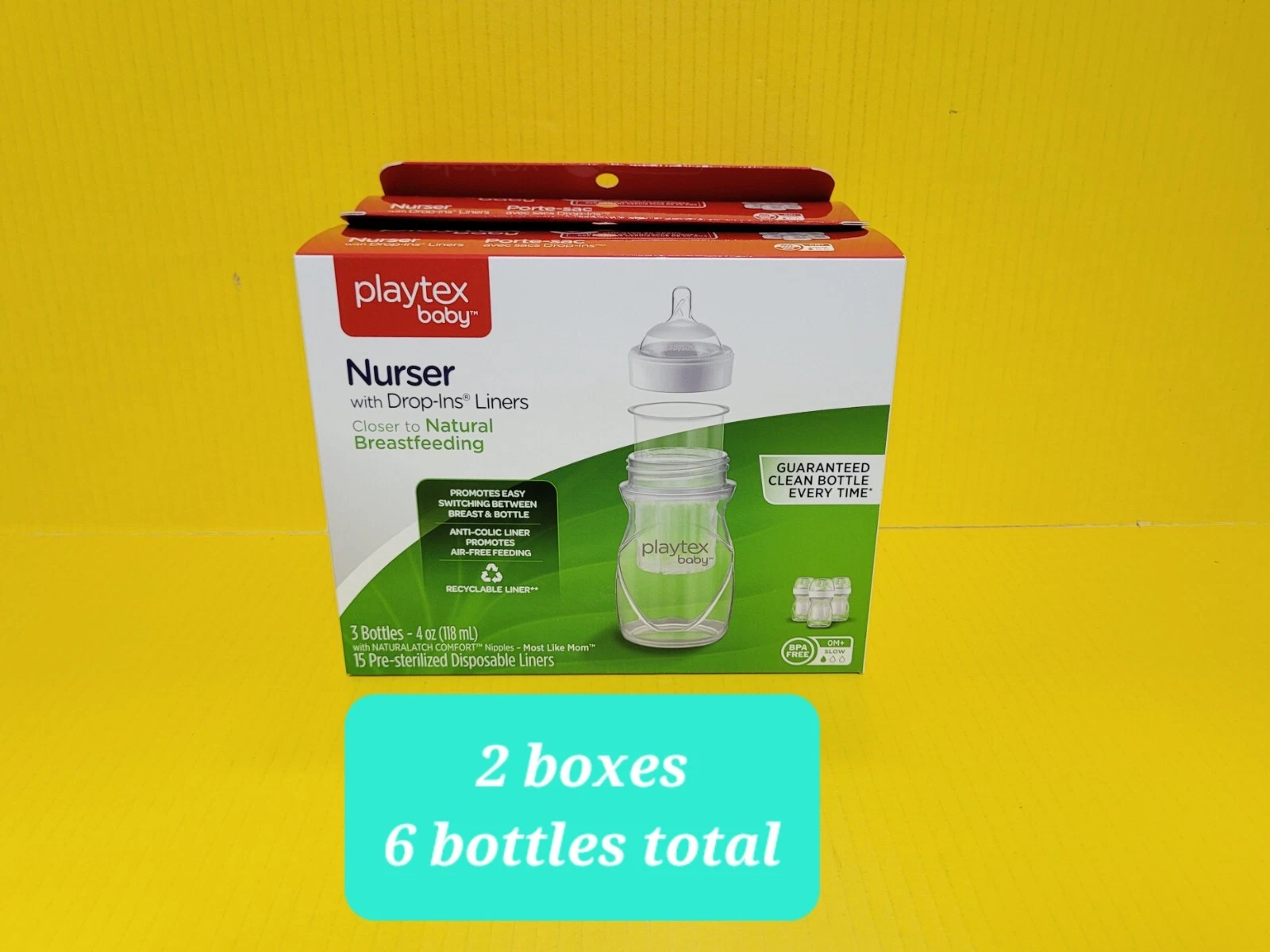 Playtex Baby Nurser with Drop-Ins Liners Baby Bottles, 4 Oz, 6 Pk