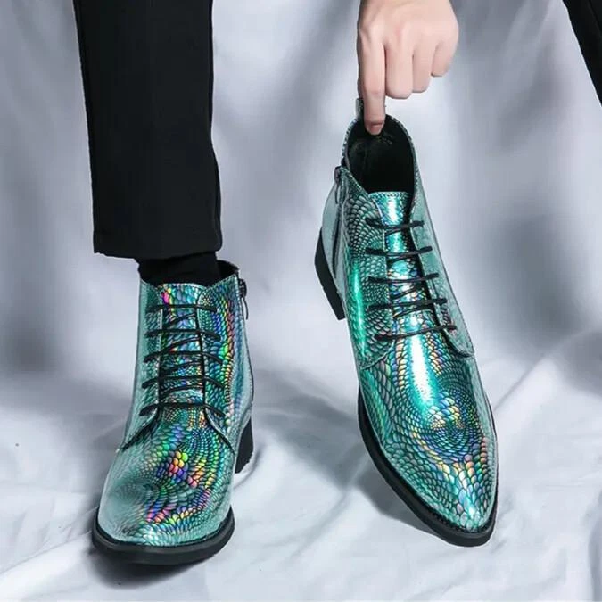 Botas al tobillo británicas para hombre con punta con cordones y cremallera zapatos informales florales de club nocturno Foto 2 de 4