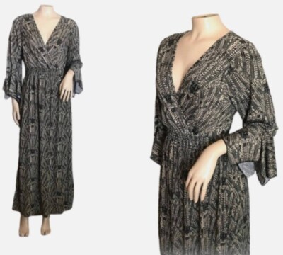 Lapogee Maxi Dress Women S Blk Tan 3/4 Sleeve Hippie Boho Goth Witchy V READ NWT