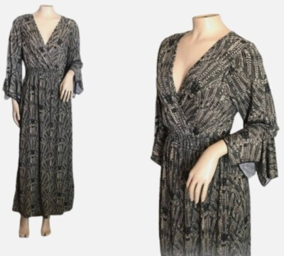 #ad Lapogee Maxi Dress Women S Blk Tan 3 4 Sleeve Hippie Boho Goth Witchy V READ NWT $17.99